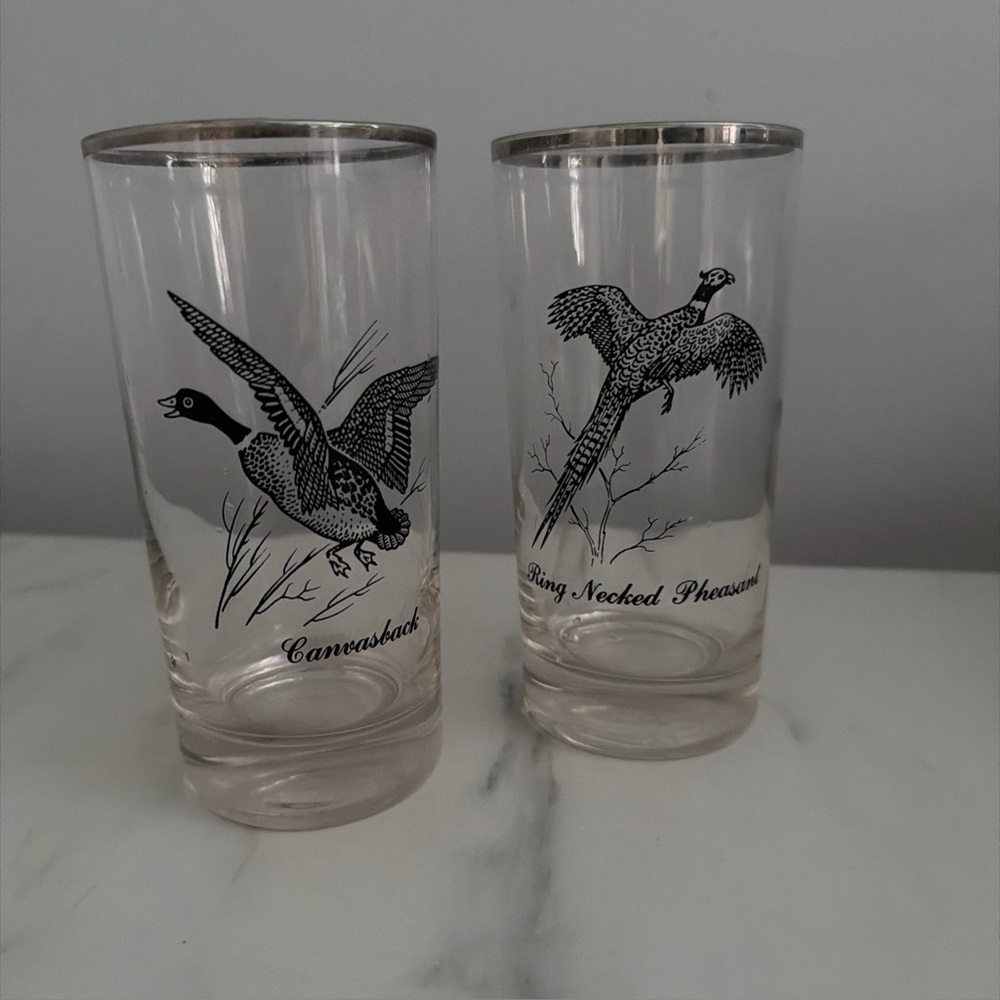 Vintage Federal Sportsman Silver Wild Fowl Pheasant Duck  Highball Glass Set 2